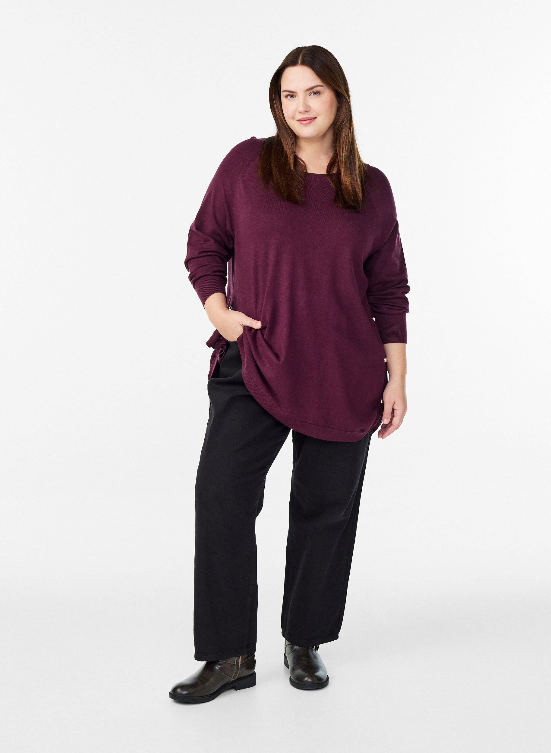 ZizzifashionKnitted blouse with side buttons, Red, Model image number 1