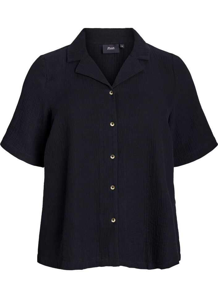 Short-sleeved shirt in cotton muslin, Black, Packshot image number 0