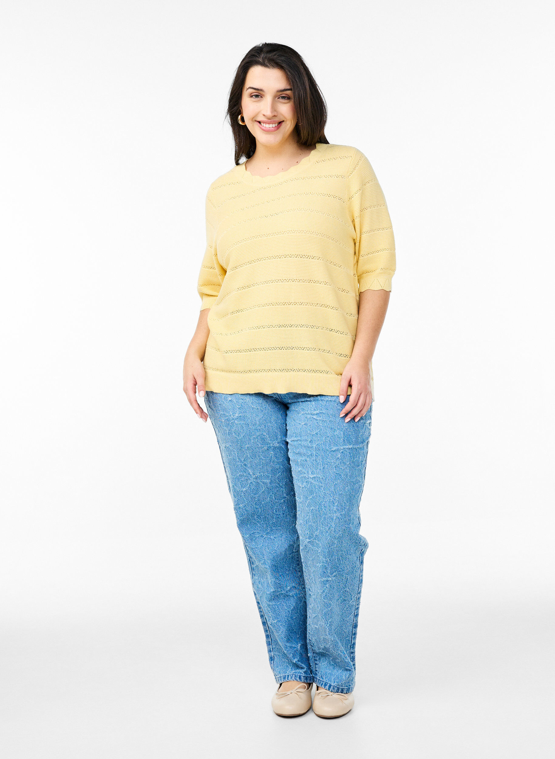 Zizzifashion Knitted blouse with a striped openwork pattern and short sleeves, Yellow, Model image number 1