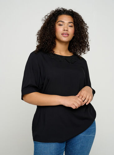Viscose blouse with lace collar, Black, Model image number 0