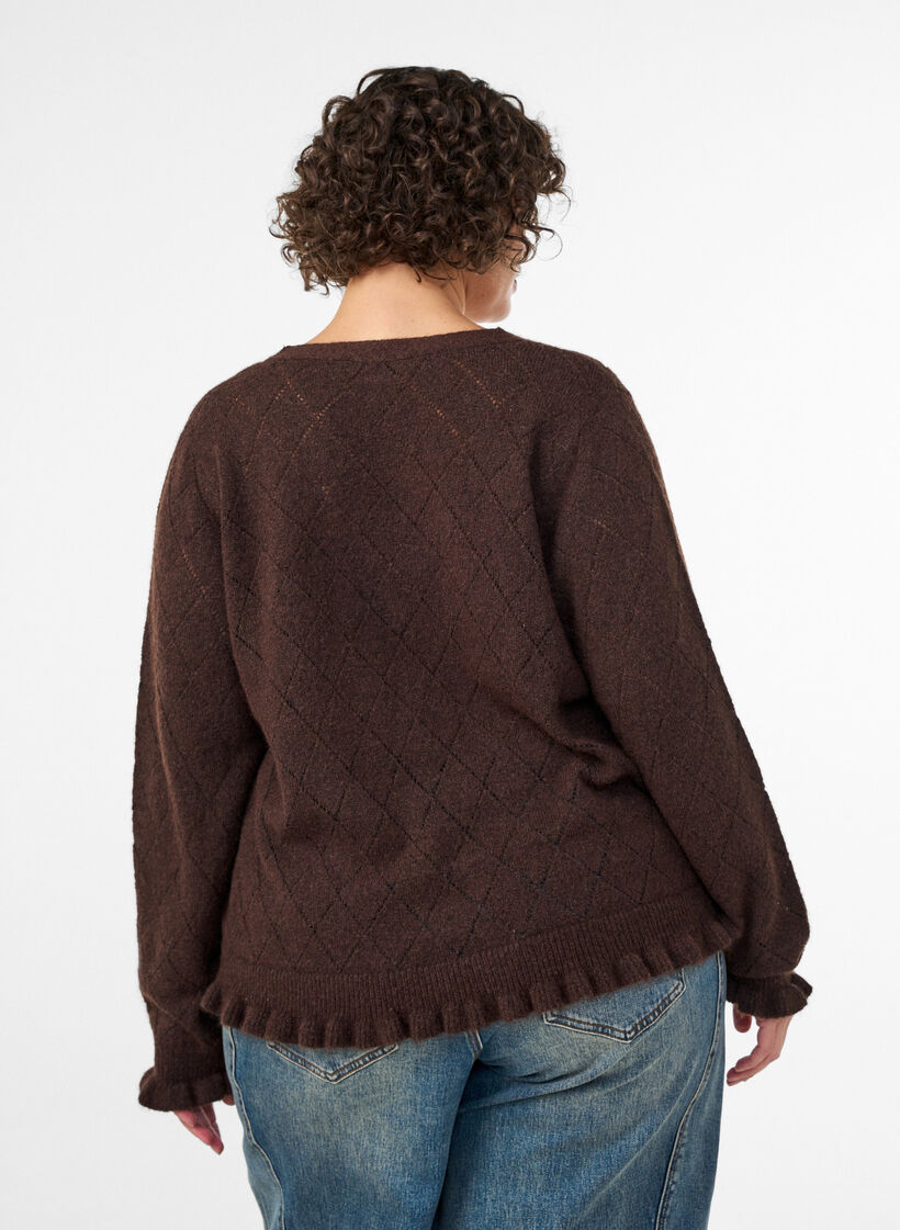 Cardigan with harlequin pattern and V-neck, Brown, Model image number 2
