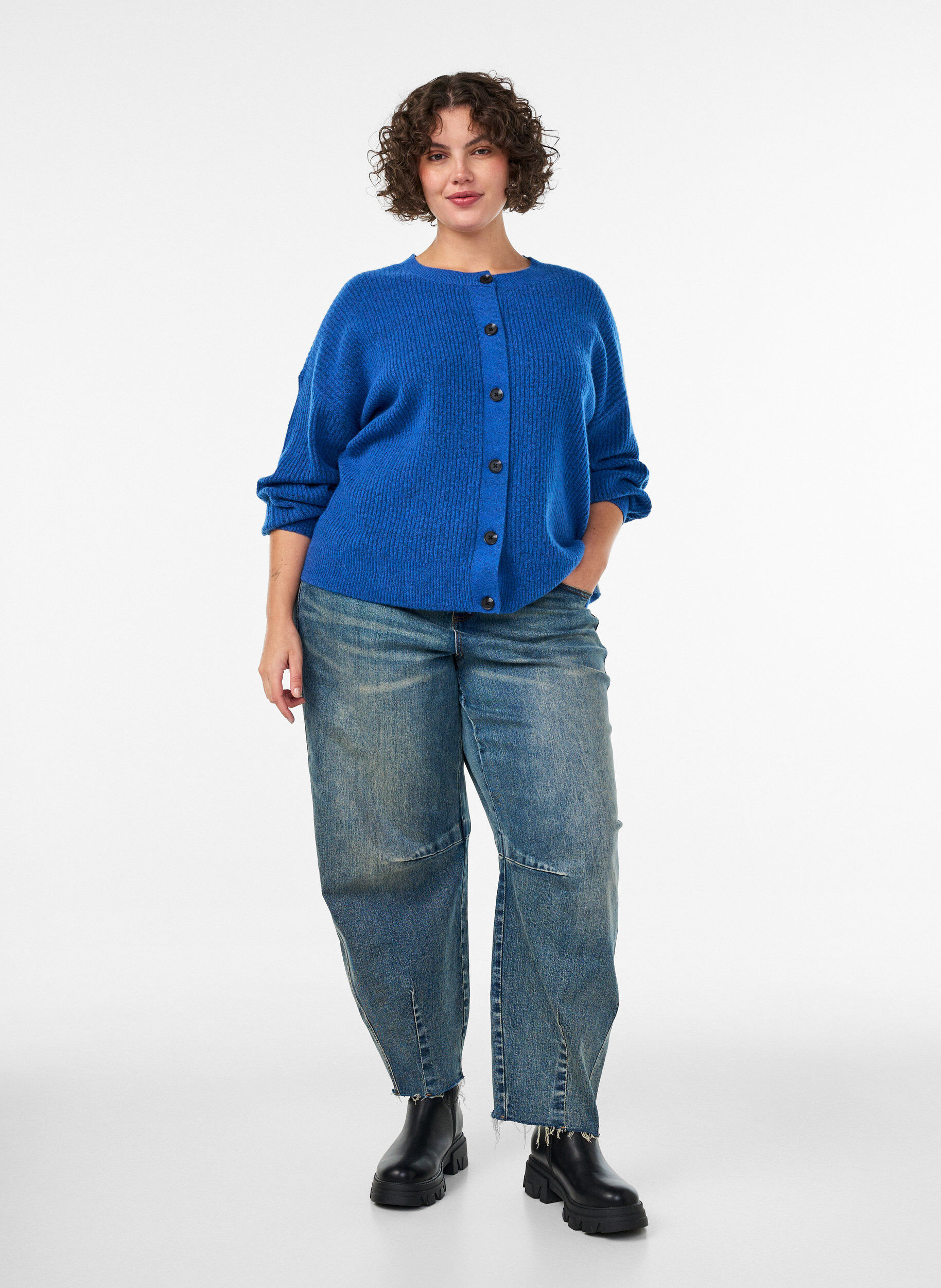 ZizzifashionRib knit cardigan with buttons, Blue, Model image number 1