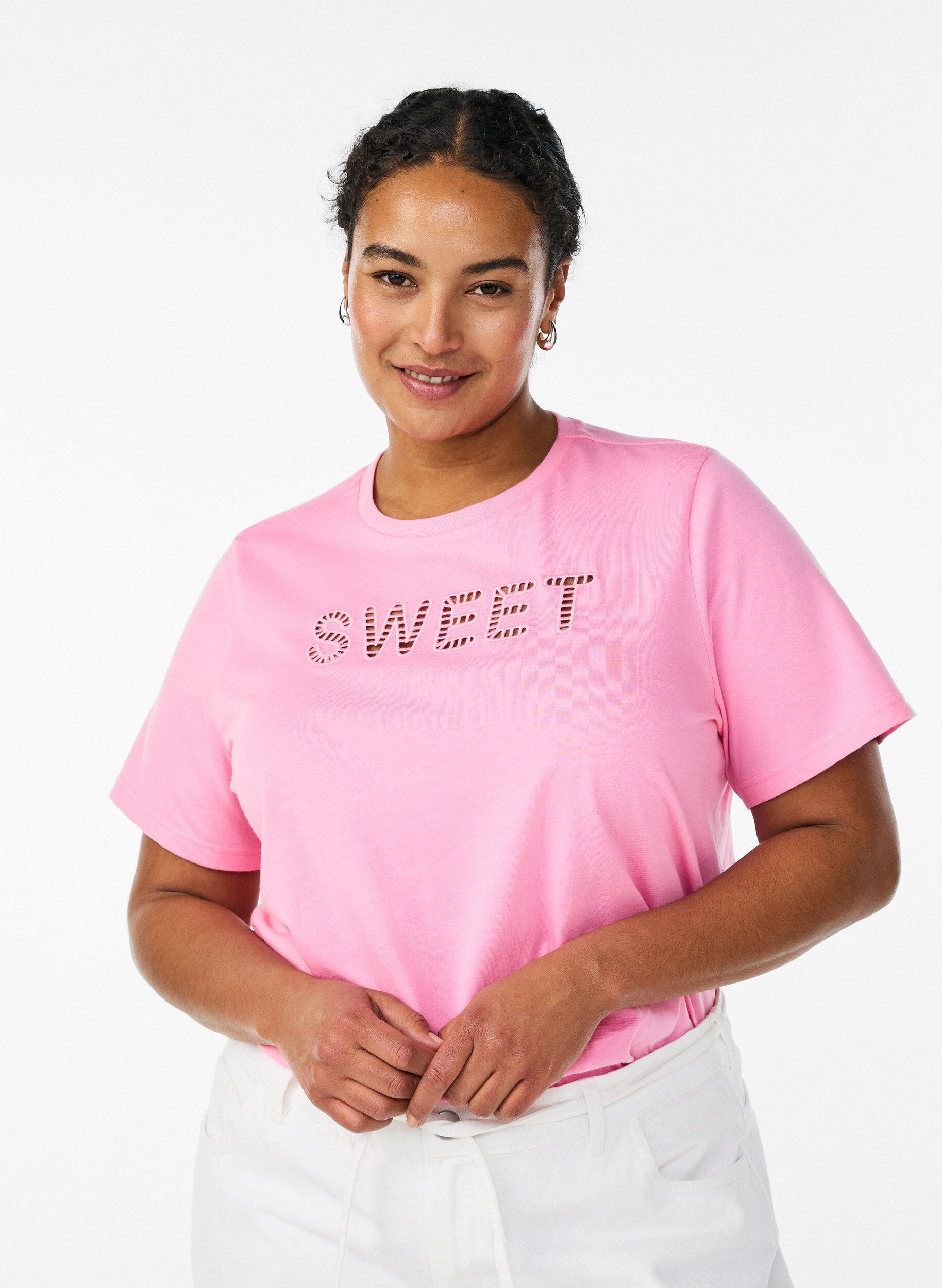 Cotton T-shirt with embroidered text, White, Model