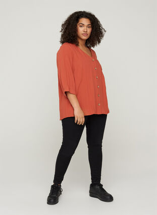 Viscose blouse with buttons and v-neck, Burnt Brick, Model image number 2