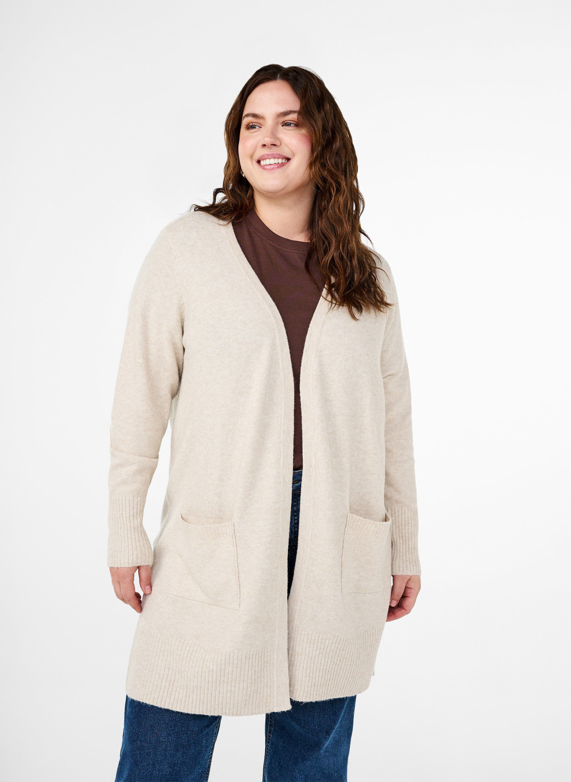 Zizzifashion Ribbed Knit Cardigan with Pockets, Beige, Model image number 0