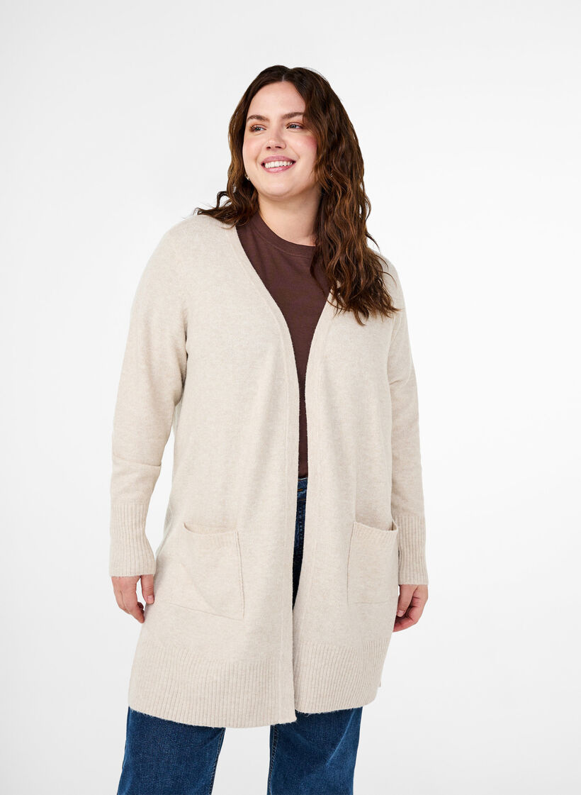 Ribbed Knit Cardigan with Pockets, Beige, Model image number 0