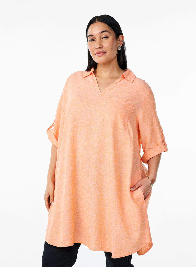 Linen and viscose tunic with A-shape, Coral, Model image number 0