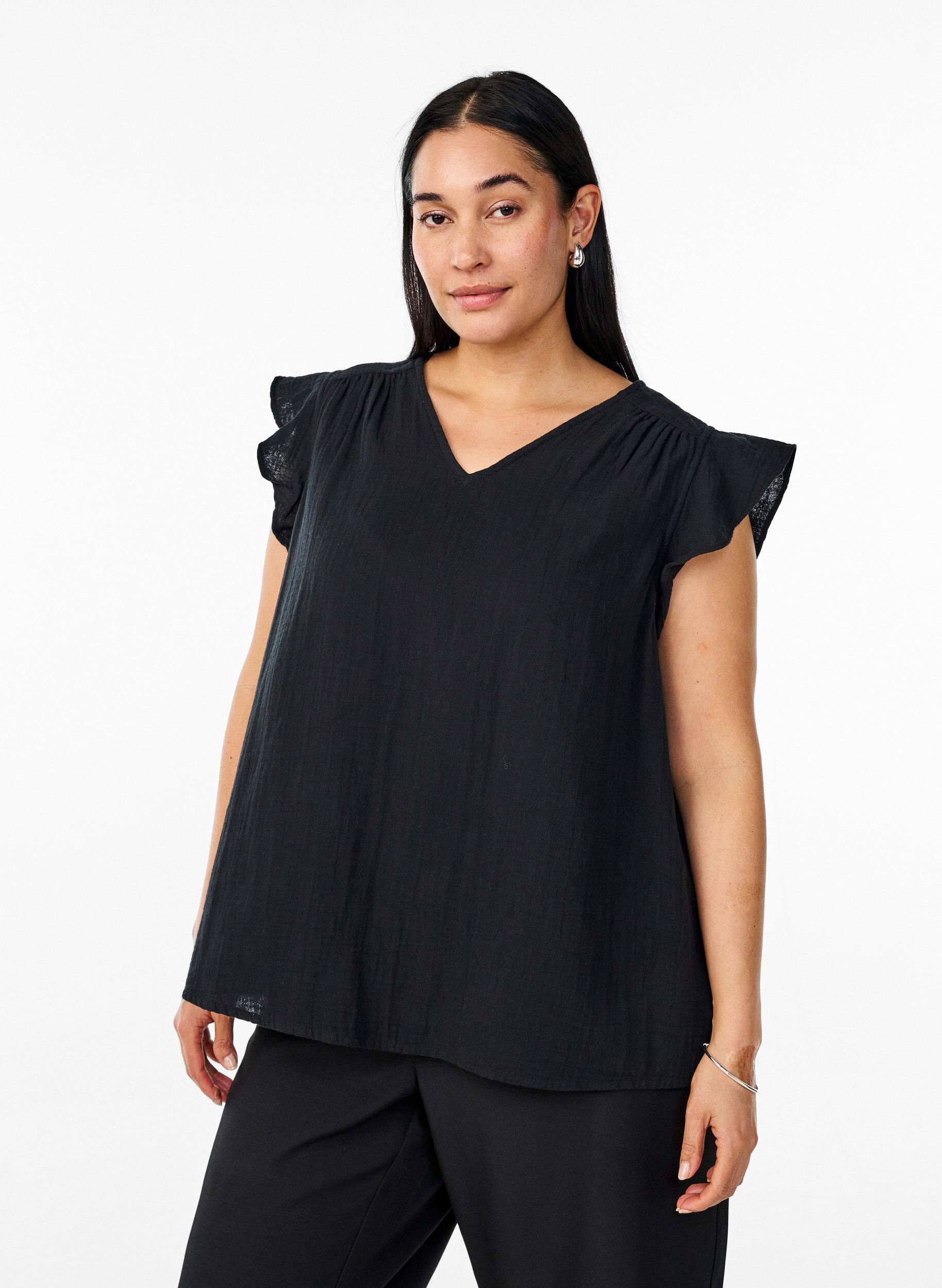 Zizzifashion Sleeveless top in cotton muslin with ruffles, Black, Model image number 0
