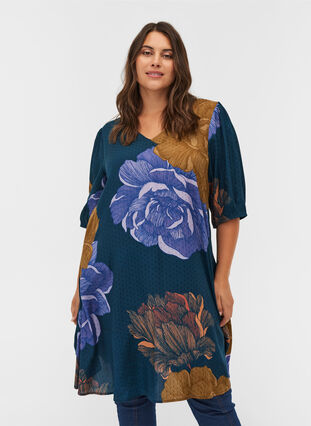 Short-sleeved, floral viscose dress, Reflecting Pond AOP, Model image number 0