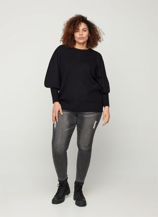 Knitted top with round neck and balloon sleeves , Black, Model image number 3