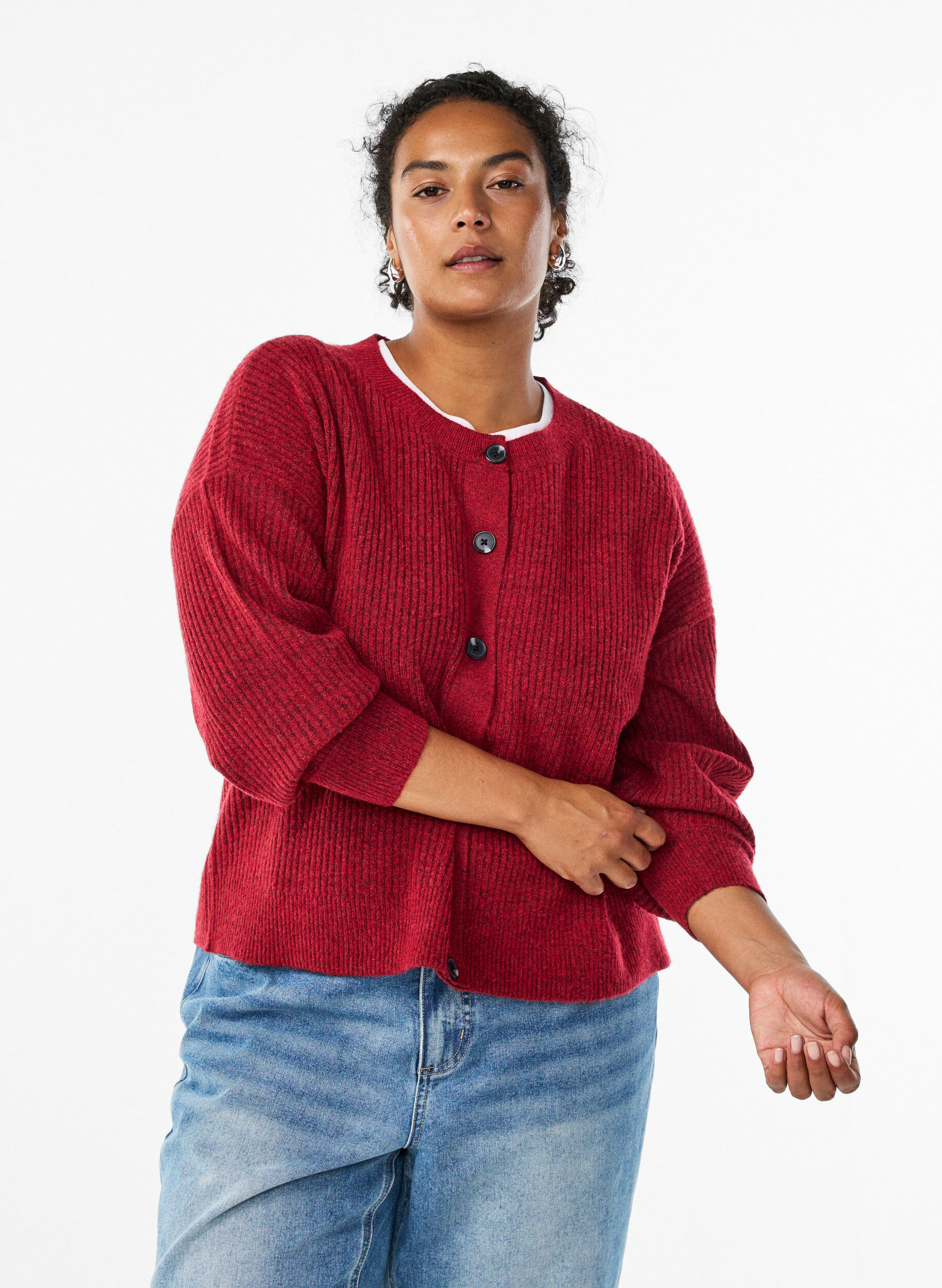 ZizzifashionRib knit cardigan with buttons, Red, Model image number 0