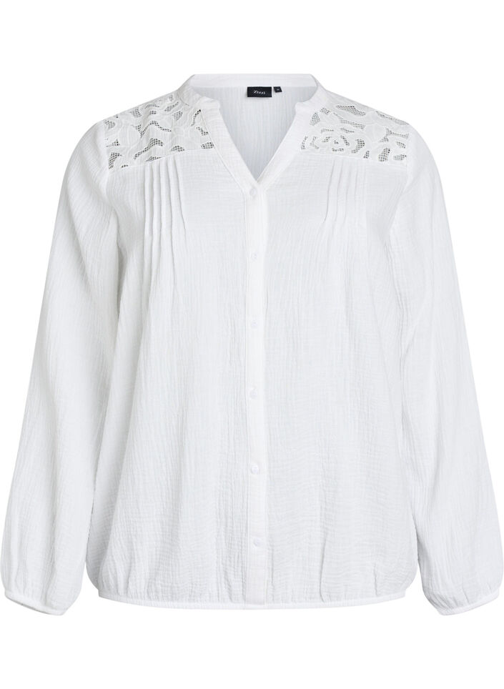Cotton muslin blouse with embroidered details, White, Packshot image number 0
