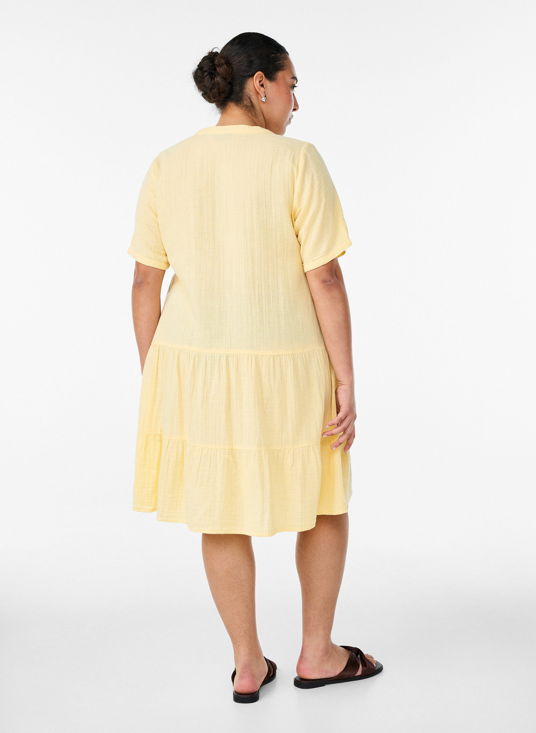 ZizzifashionShort A-line dress in cotton muslin, Yellow, Model image number 2