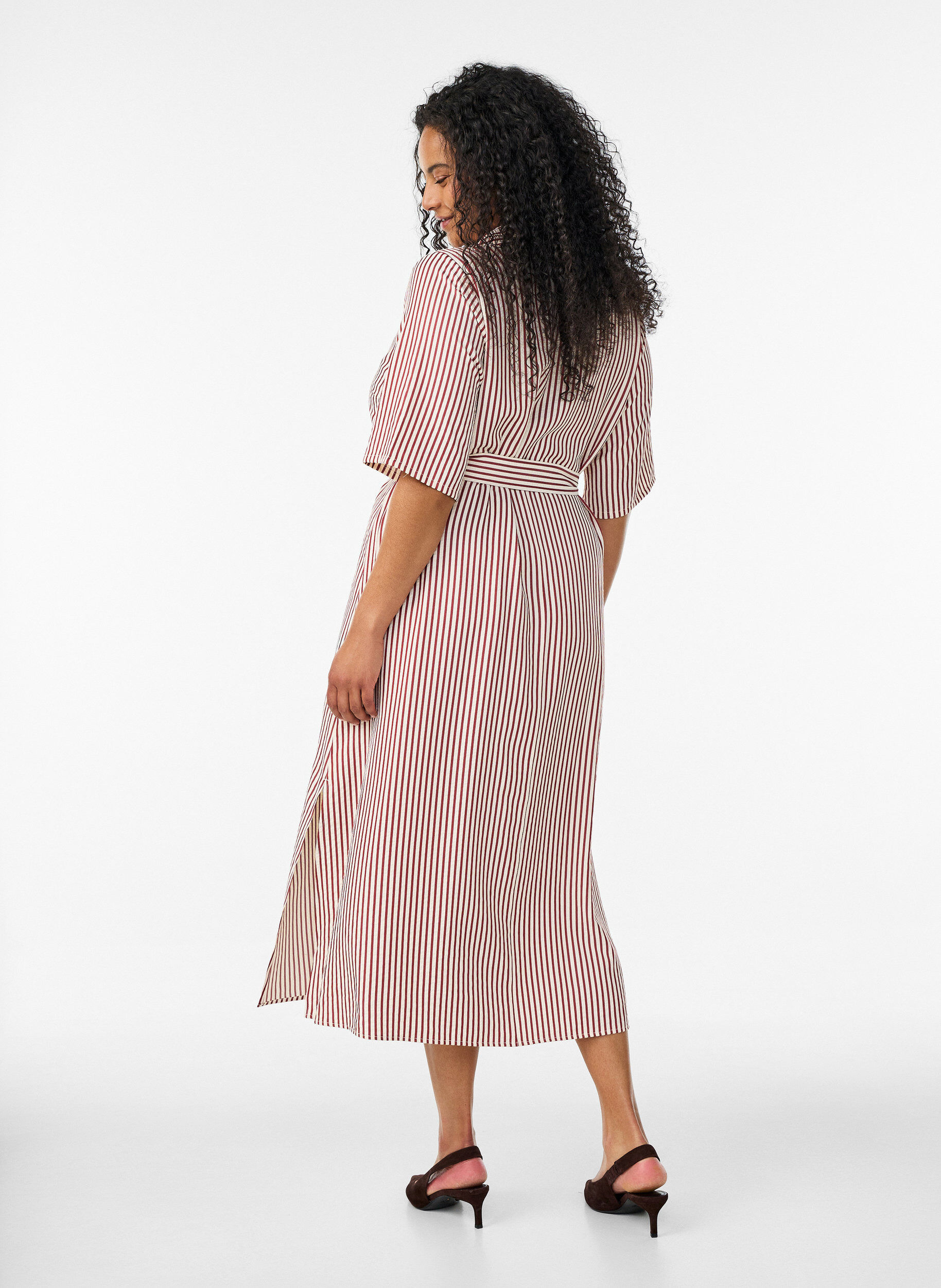 Zizzifashion Ankle-length shirt dress with tie belt and stripes, Red, Model image number 1