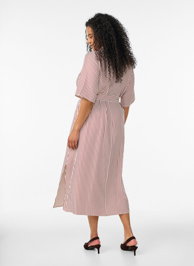 Ankle-length shirt dress with tie belt and stripes, Red, Model image number 1