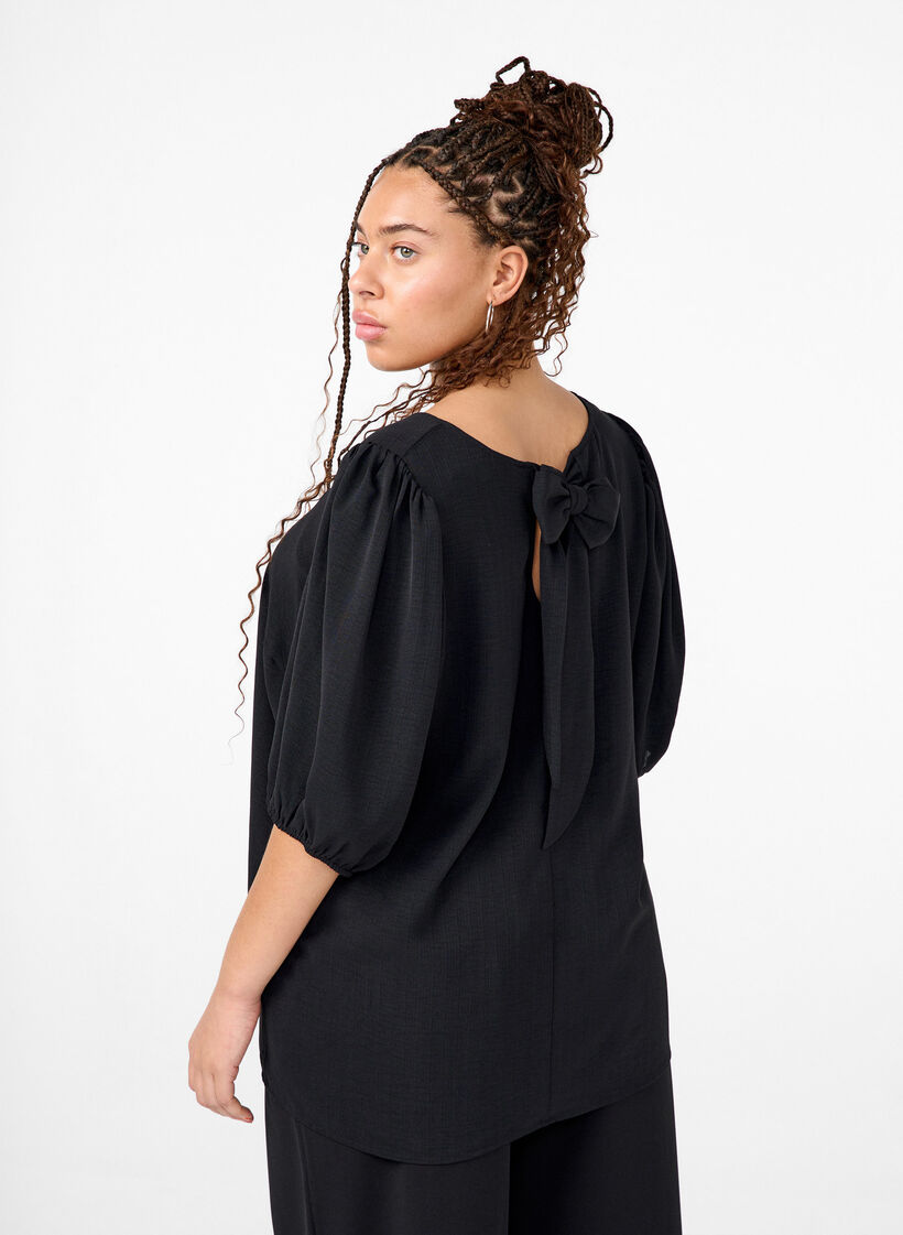 Short-sleeved blouse with a bow at the back, Black, Model image number 1