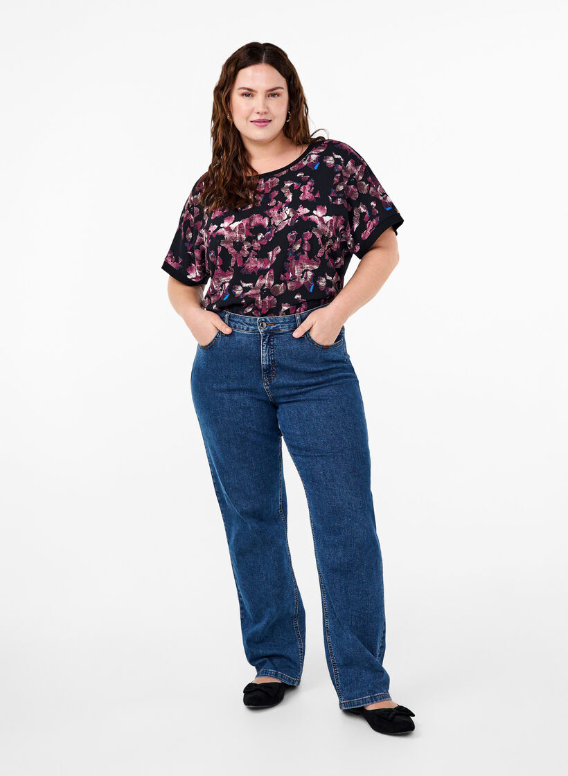 Loose t-shirt with floral print, Black Purple Fl. AOP, Model image number 3