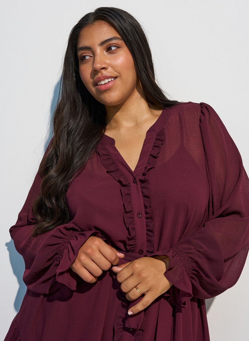 Dress in a lightweight woven fabric with ruffles and a tie-belt, Red, Model image number 3