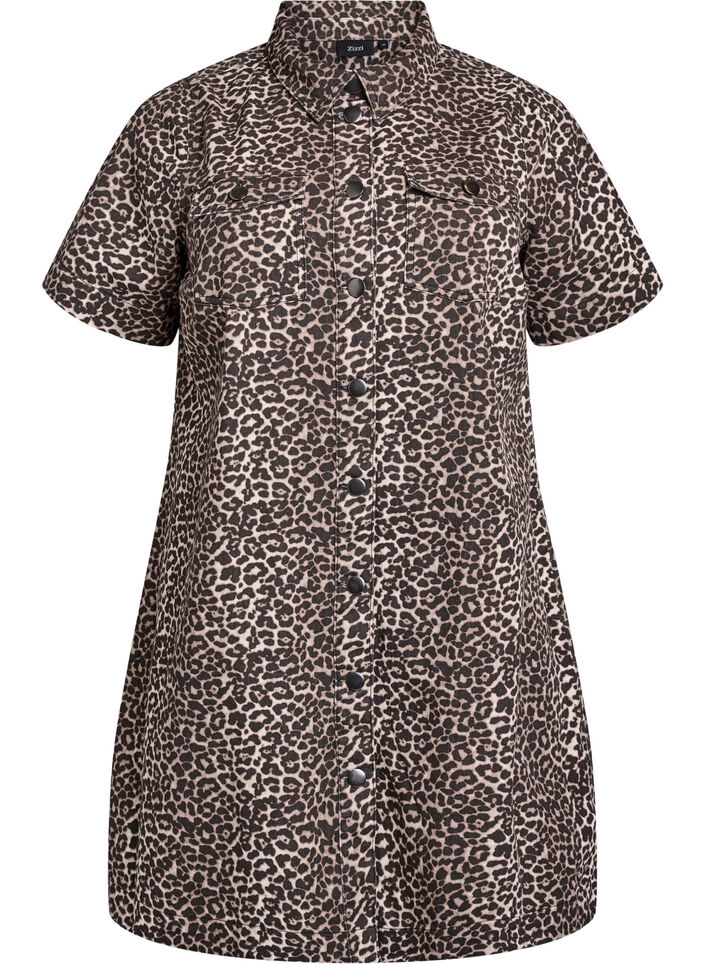Denim shirt dress with leopard print, Brown, Packshot image number 0