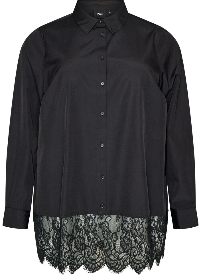 Loose shirt with a wide lace trim, Black, Packshot image number 0