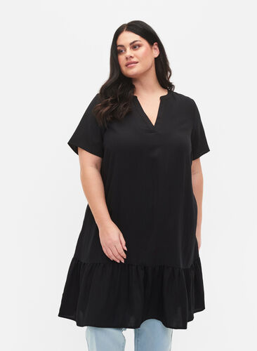 Short-sleeved viscose dress with v-neckline, Black, Model image number 0