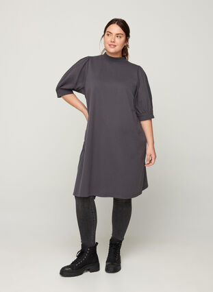 Cotton dress with short puff sleeves, Asphalt ASS, Model image number 3