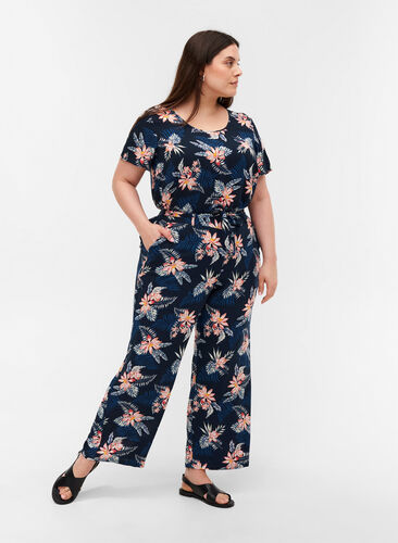 Viscose trousers with print and pockets, Blue Flower Leaf AOP, Model image number 0