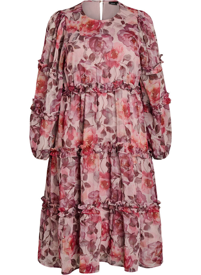 Floral midi dress with ruffle details and sheer sleeves, Rose, Packshot image number 0