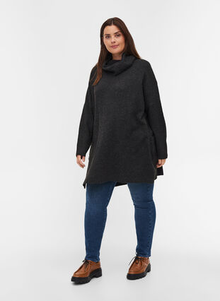 Marled, roll neck knitted poncho with slits, Black, Model image number 3