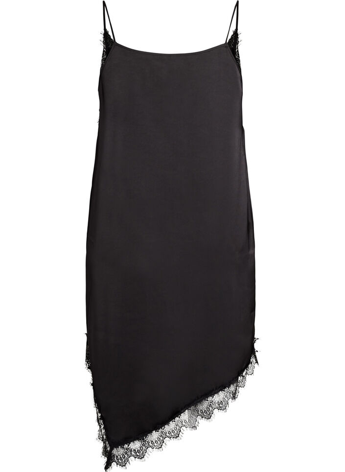 Satin-look dress with lace trim, Black, Packshot image number 1