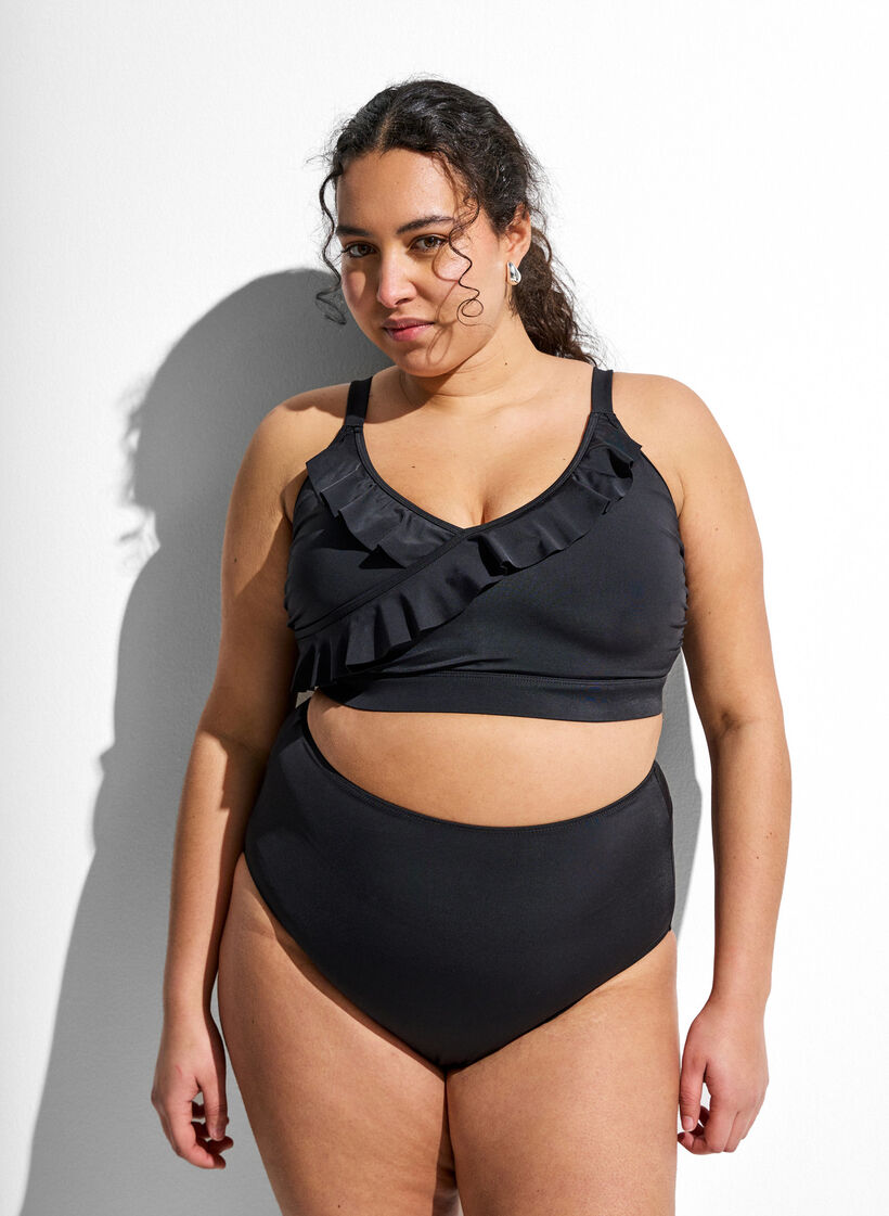 Solid colour bikini bottom with high waist, Black, Model image number 0