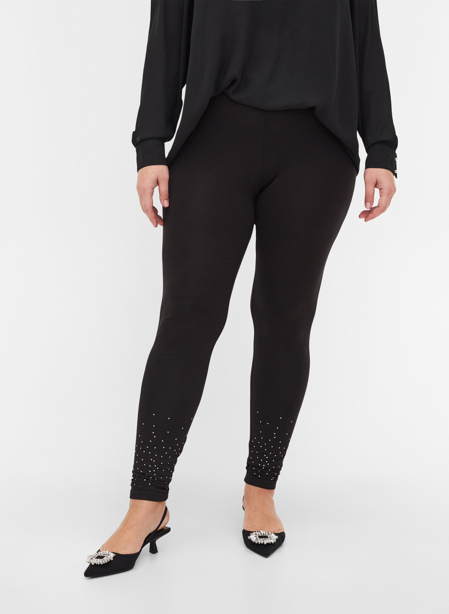 Zizzifashion Viscose blend leggings with decorative rhinestones, Black, Model image number 2