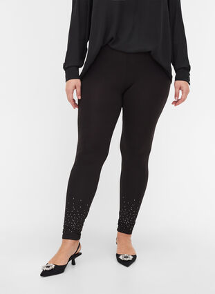 Viscose blend leggings with decorative rhinestones, Black, Model image number 2