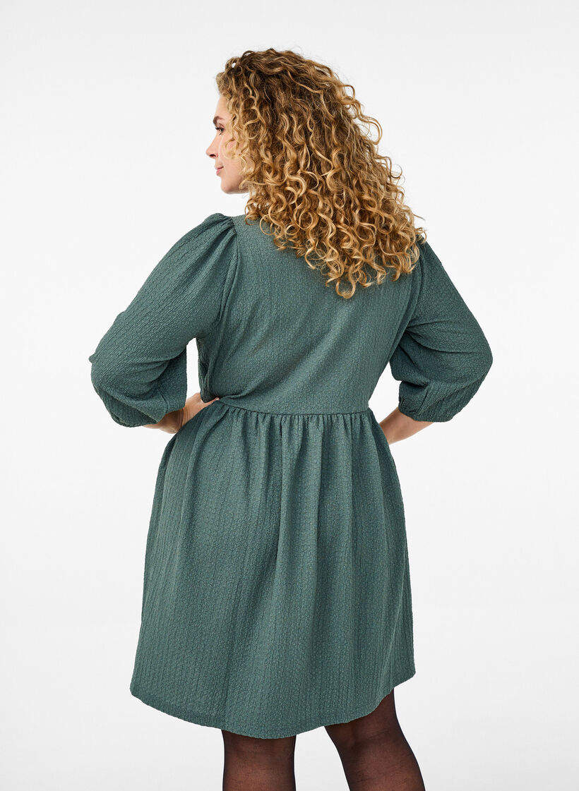 FLASH - Short dress with texture and 3/4 sleeves, Balsam Green, Model image number 1