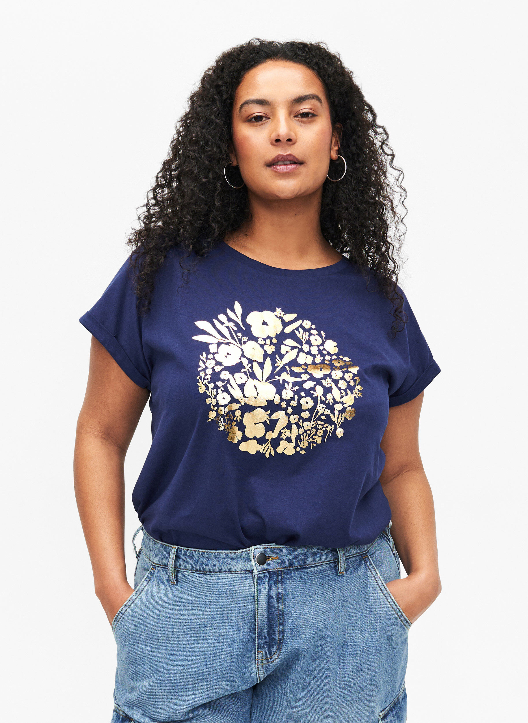 Zizzifashion Organic cotton T-shirt with gold print, Med.Blue Gold Flower, Model image number 0