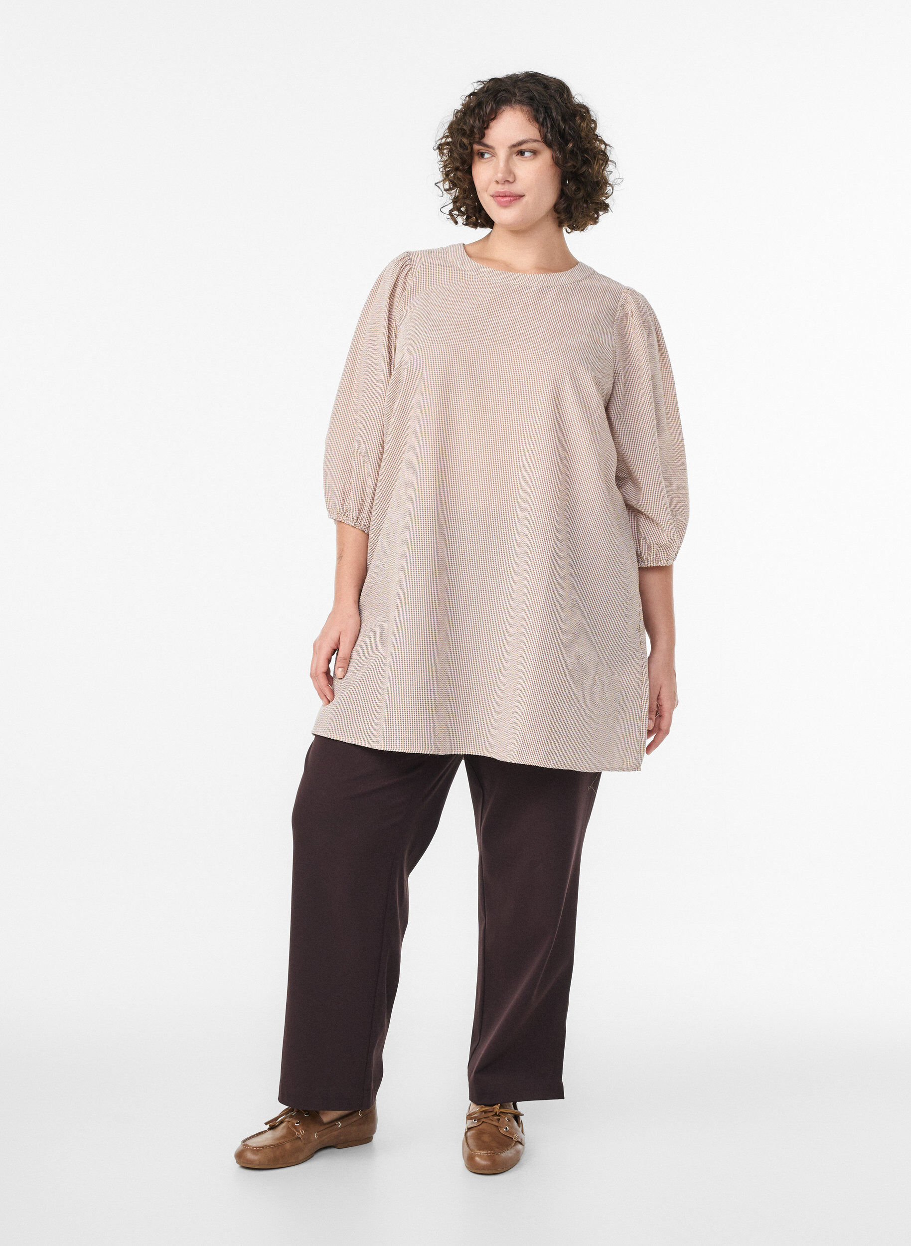 Zizzifashion Tunic with A-line shape and short balloon sleeves, Beige, Model image number 1
