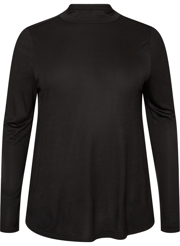 High-neck blouse in viscose jersey, Black, Packshot image number 0