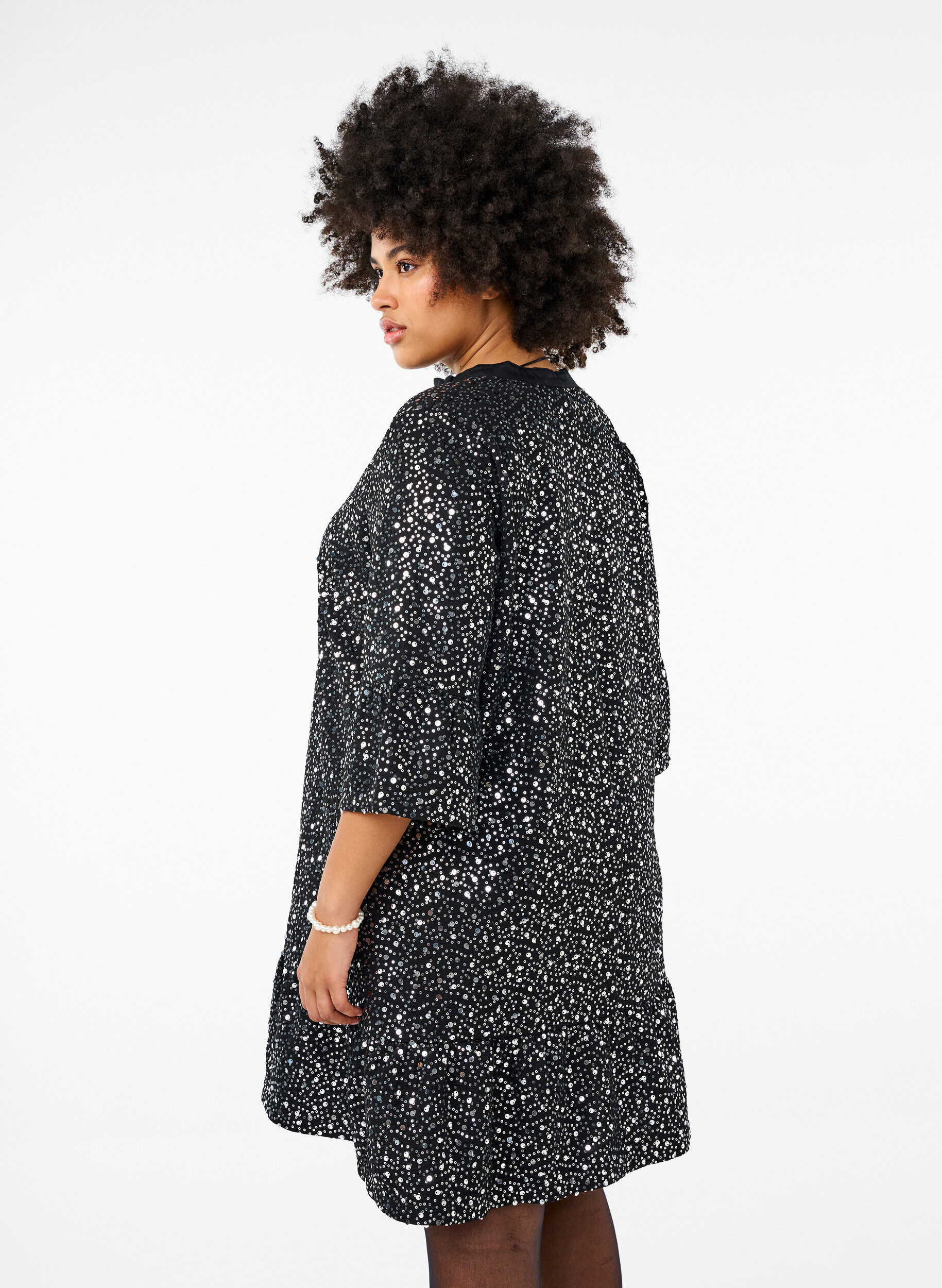 Zizzifashion Sequin dress with a V-neck and 3/4 sleeves, Black w. Sequins, Model image number 1