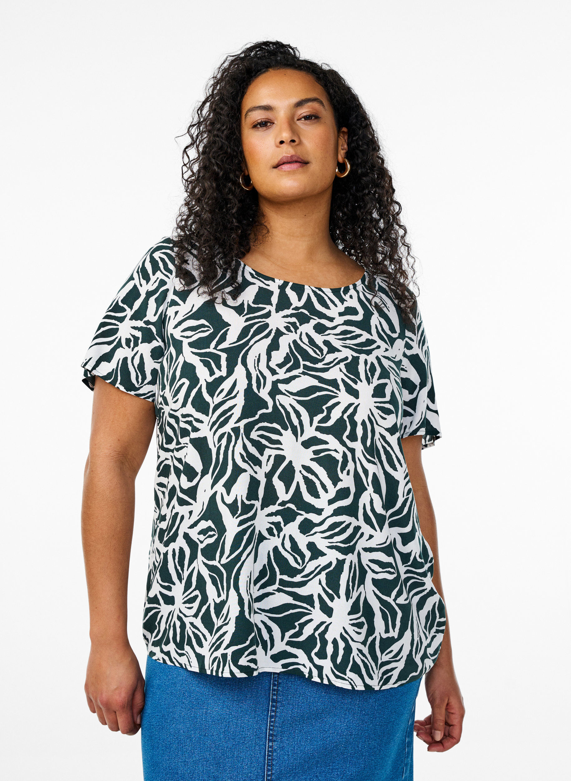 Zizzifashion FLASH - Short sleeve viscose blouse with print, Green, Model image number 0
