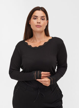 Long-sleeved ribbed blouse with lace details, Black, Model image number 0