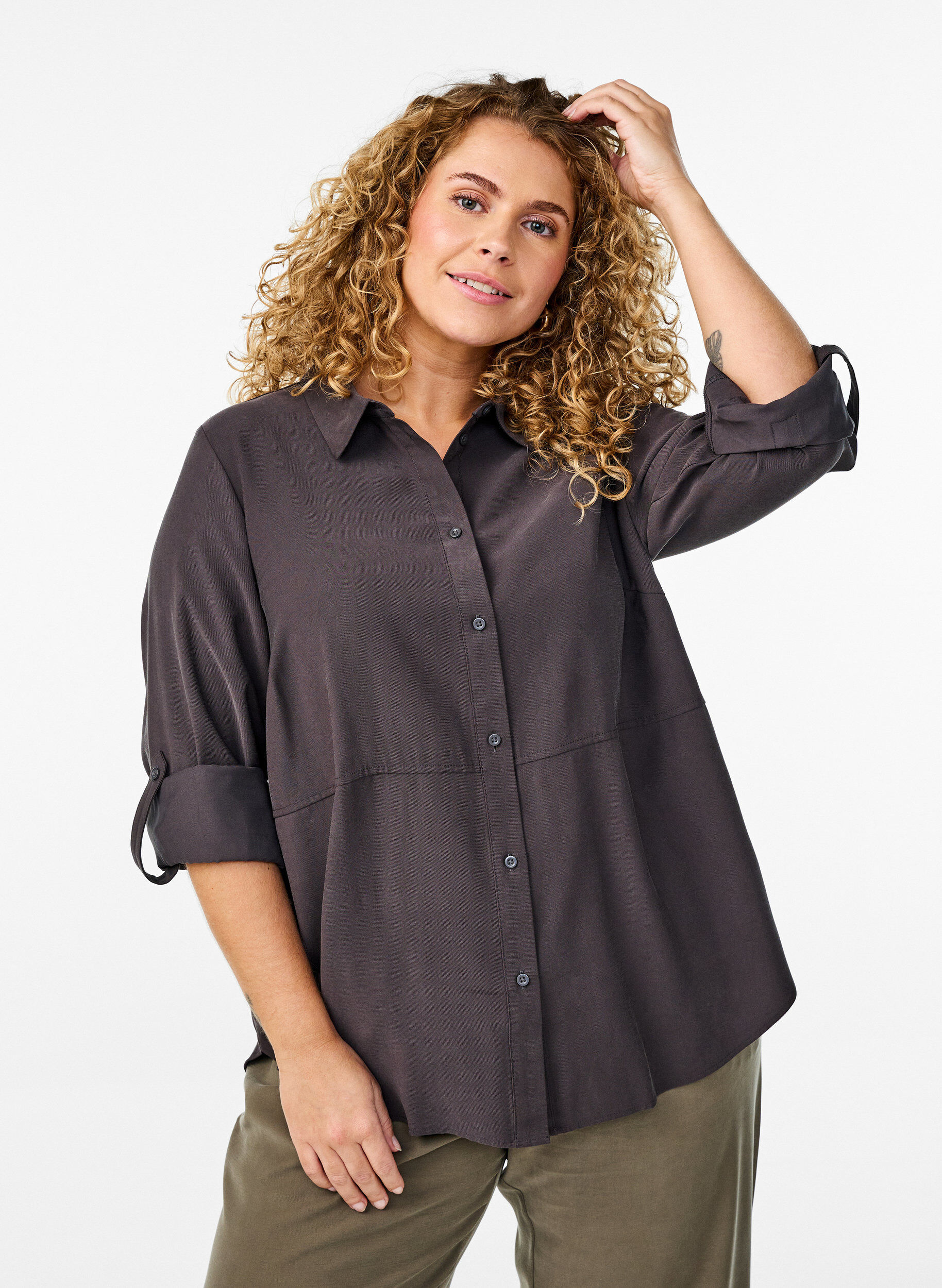 Zizzifashion FLASH - Shirt with collar and roll-up sleeves, Dark Grey, Model image number 0