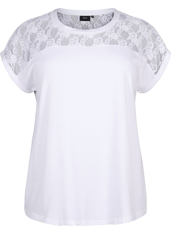Short-sleeved cotton t-shirt with lace, Bright White, Packshot image number 0