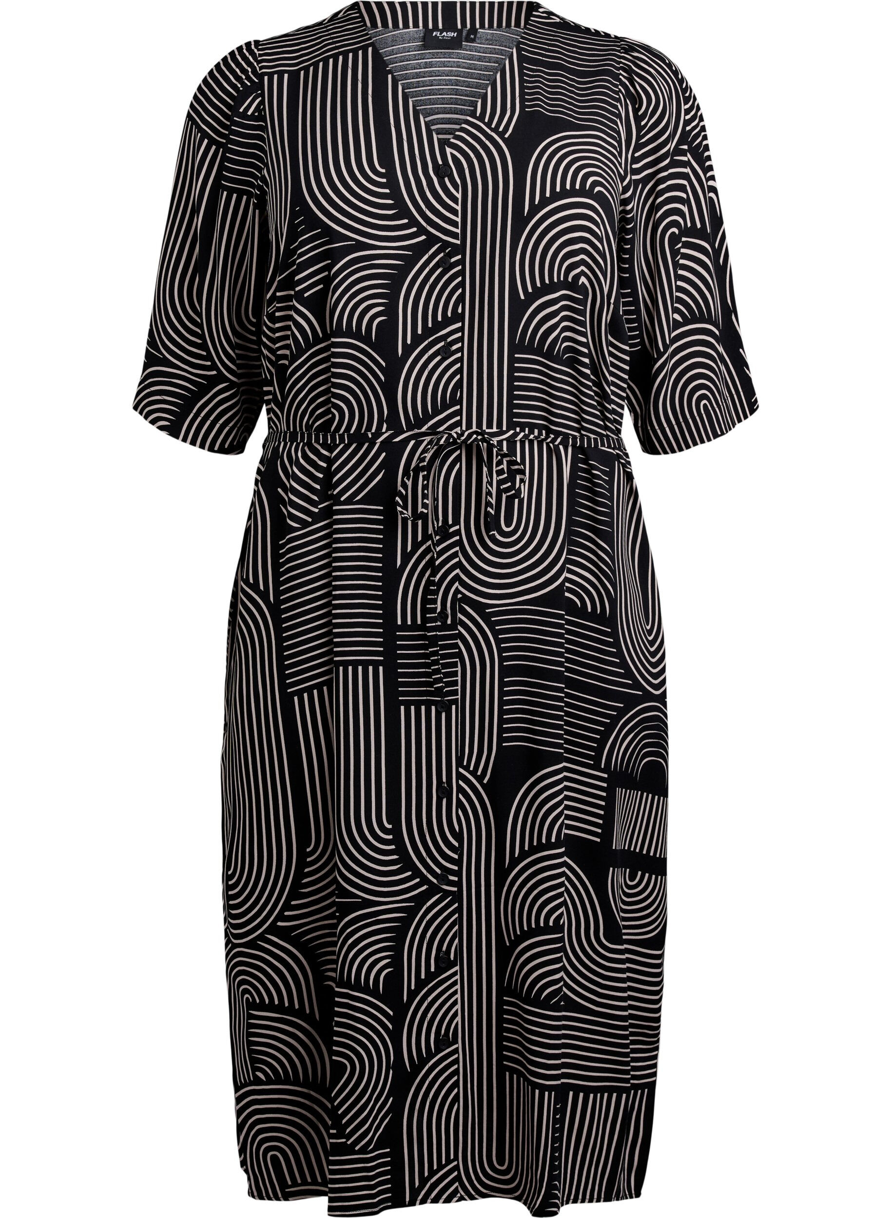 Zizzifashion Midi dress with print and tie belt, Black, Packshot image number 0