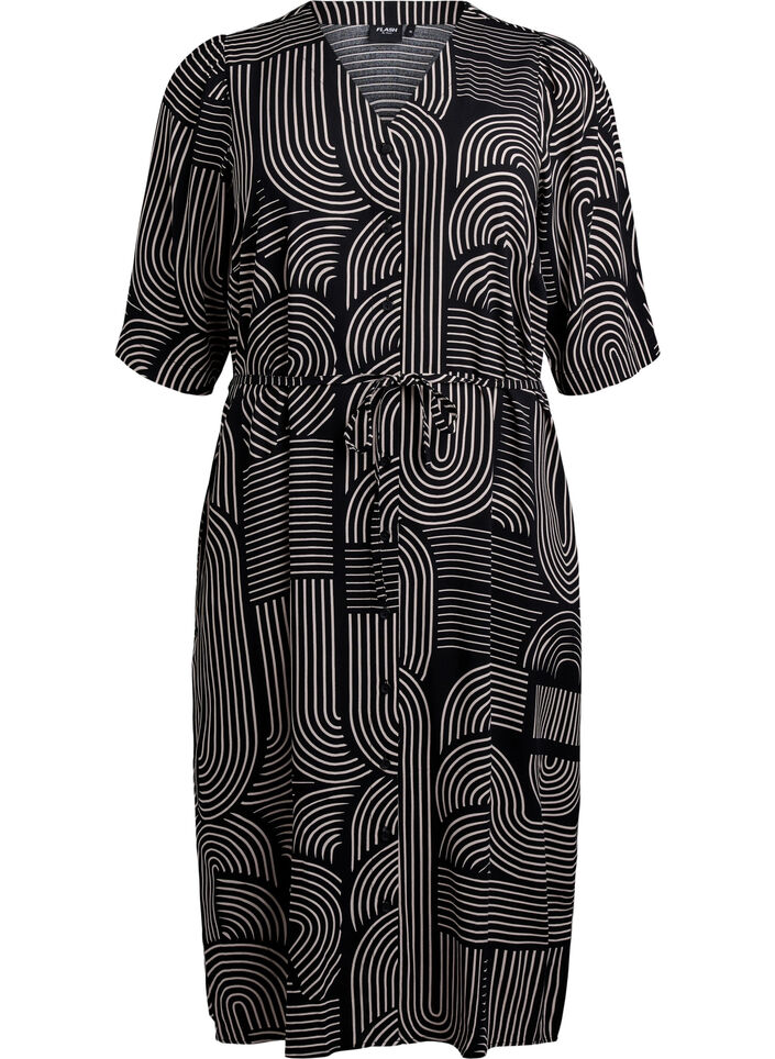 Midi dress with print and tie belt, Black, Packshot image number 0
