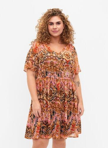 Short dress with v-neck and print, Colorful Ethnic, Model image number 0