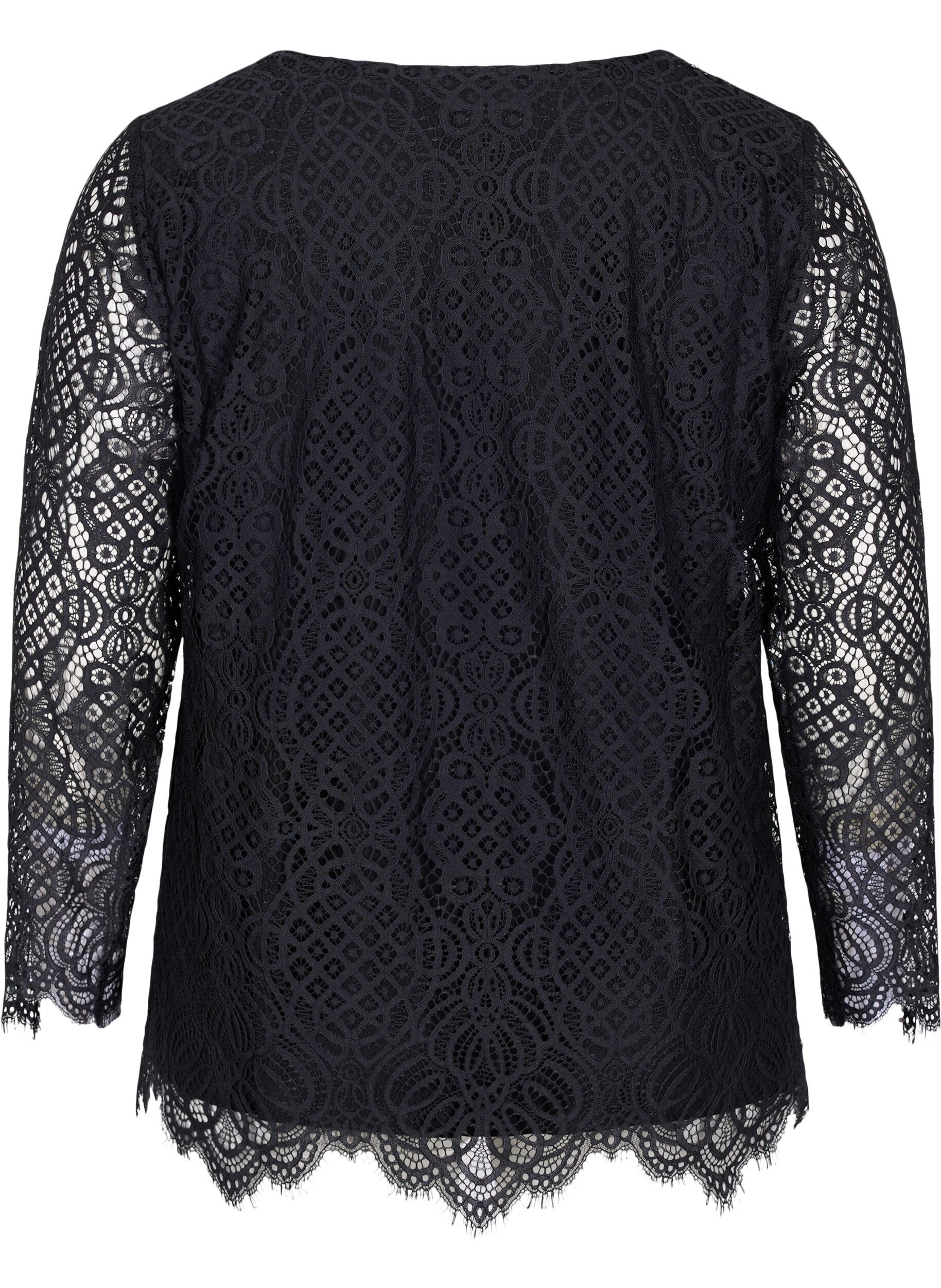 Zizzifashion Long-sleeved lace blouse with v-neck, Black, Packshot image number 1