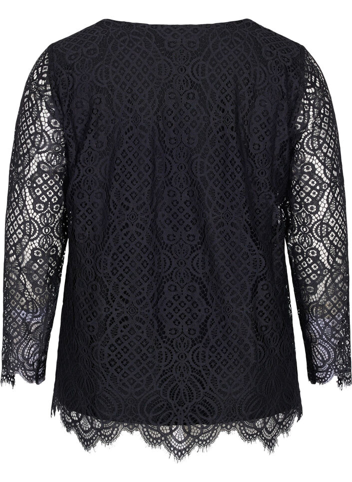 Long-sleeved lace blouse with v-neck, Black, Packshot image number 1