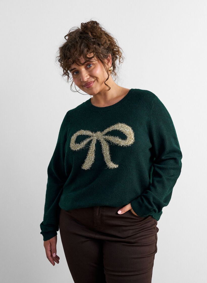 Knitted blouse with glitter bow, Green, Model image number 0