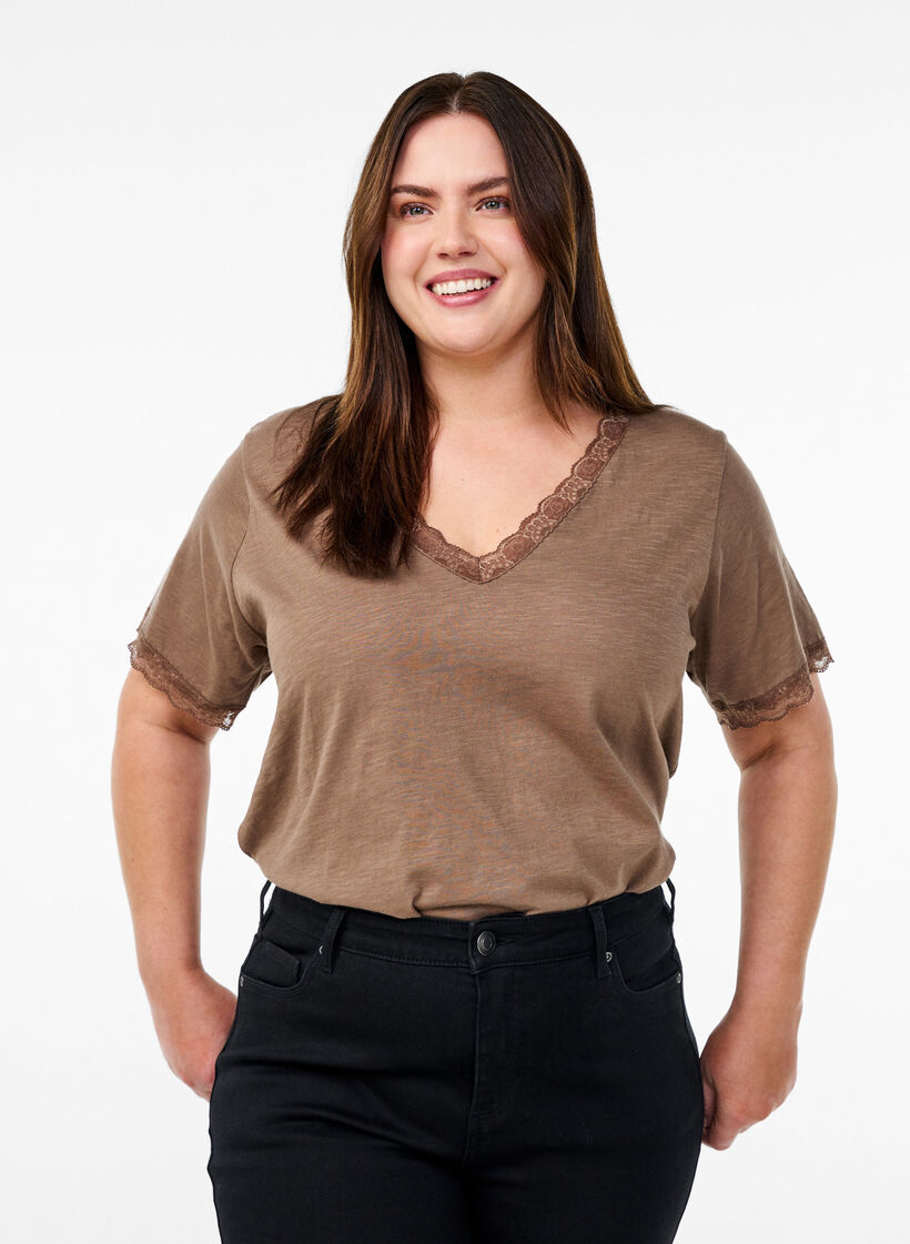 T-shirt with lace trim, Brown, Model image number 0