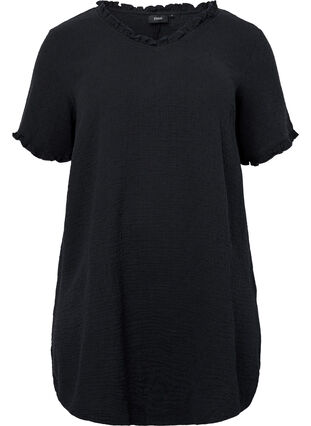 Short-sleeved cotton tunic with ruffles, Black, Packshot image number 0
